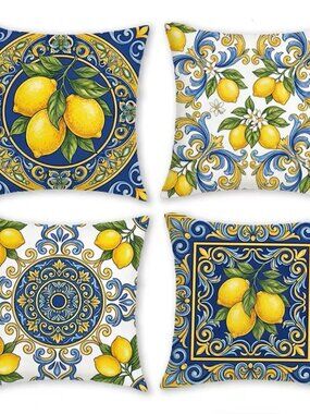 Summer Home Decorative Pillowcases - SET of 4 -Yellow Blue Lemon Pillow Covers